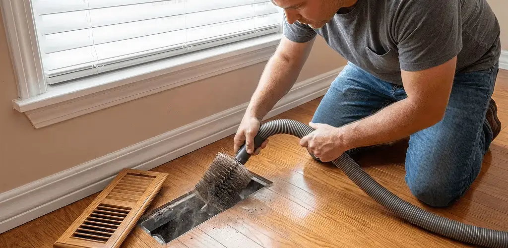 Air duct cleaning technician vacuuming a floor vent and duct opening in Lakeland, FL
