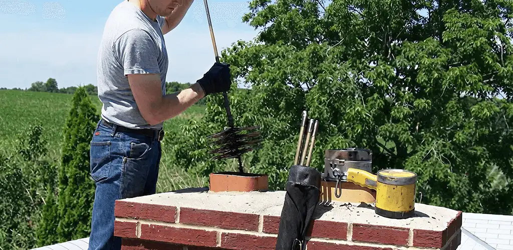 Chimney cleaning technician working on a rooftop chimney with professional tools in Lakeland, FL