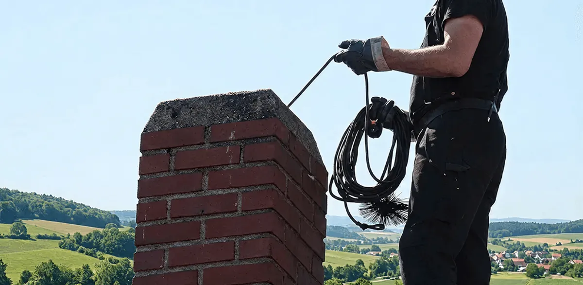 Chimney sweep inspecting and cleaning a rooftop chimney in Lakeland, FL