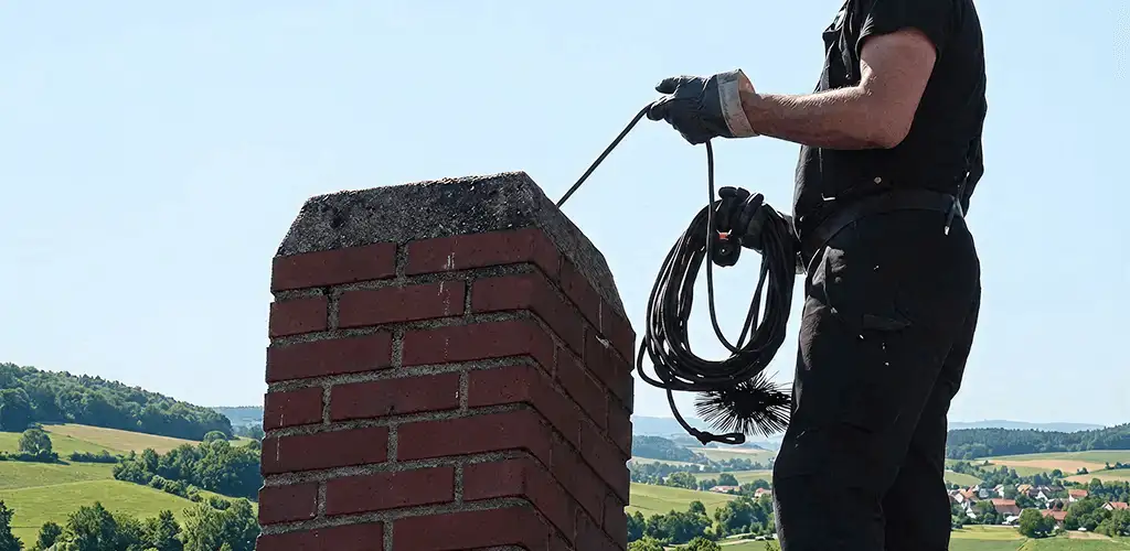 Chimney sweep inspecting and cleaning a rooftop chimney in Lakeland, FL