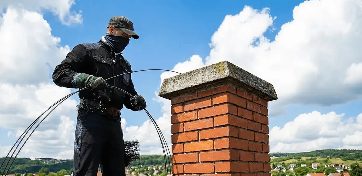 Chimney sweep cleaning a brick chimney with professional tools in Lakeland, FL