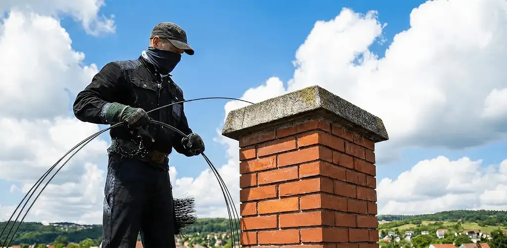 Chimney sweep cleaning a brick chimney with professional tools in Lakeland, FL