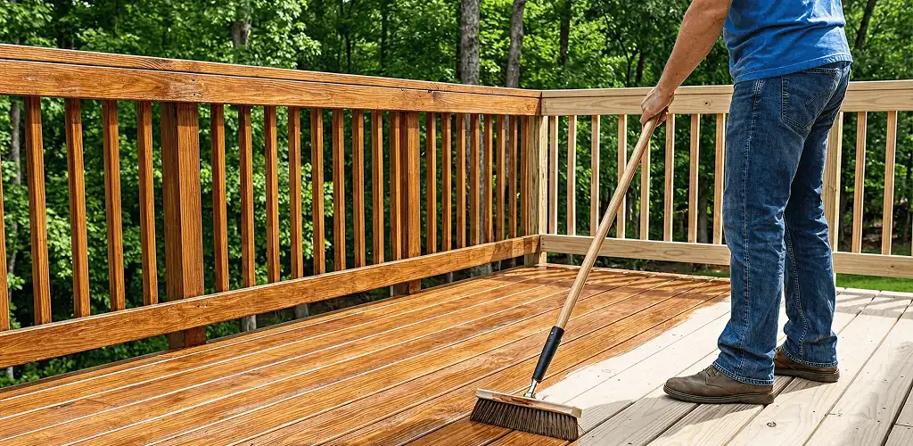 Deck staining and sealing application on a wood deck in Lakeland, FL