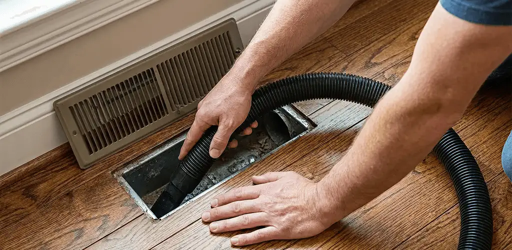 Air duct cleaning technician vacuuming a floor register and duct opening in Lakeland, FL