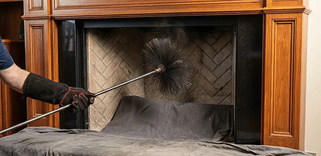 Chimney cleaning service brushing soot from a fireplace and flue in Lakeland, FL