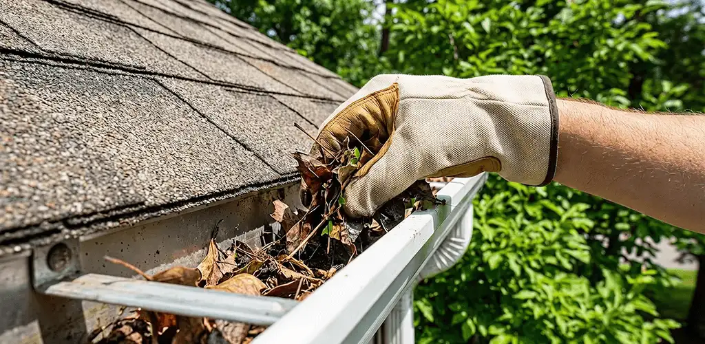 Gutter cleaning removing leaves and debris from roof gutters in Lakeland, FL