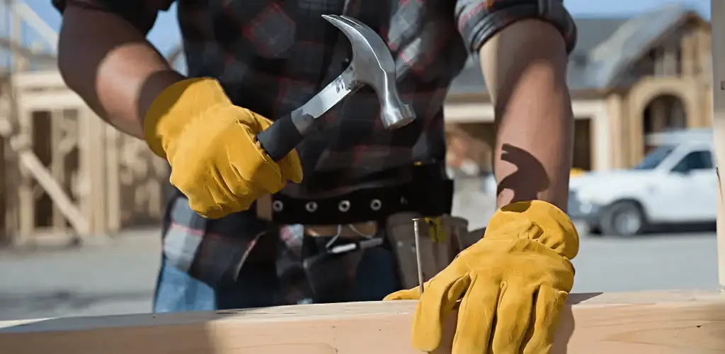 Handyman fixing wood trim with a hammer for home repairs in Lakeland, FL