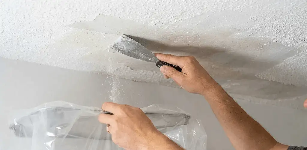 Popcorn ceiling removal technician scraping texture from a ceiling in Lakeland, FL