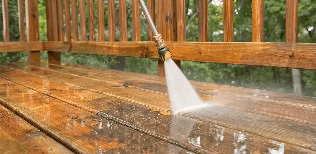 Pressure washing a wood deck to remove dirt and buildup in Lakeland, FL