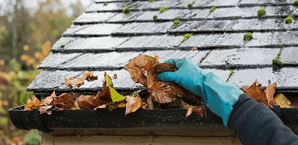 Gutter cleaning technician clearing wet leaves from roof gutters in Lakeland, FL