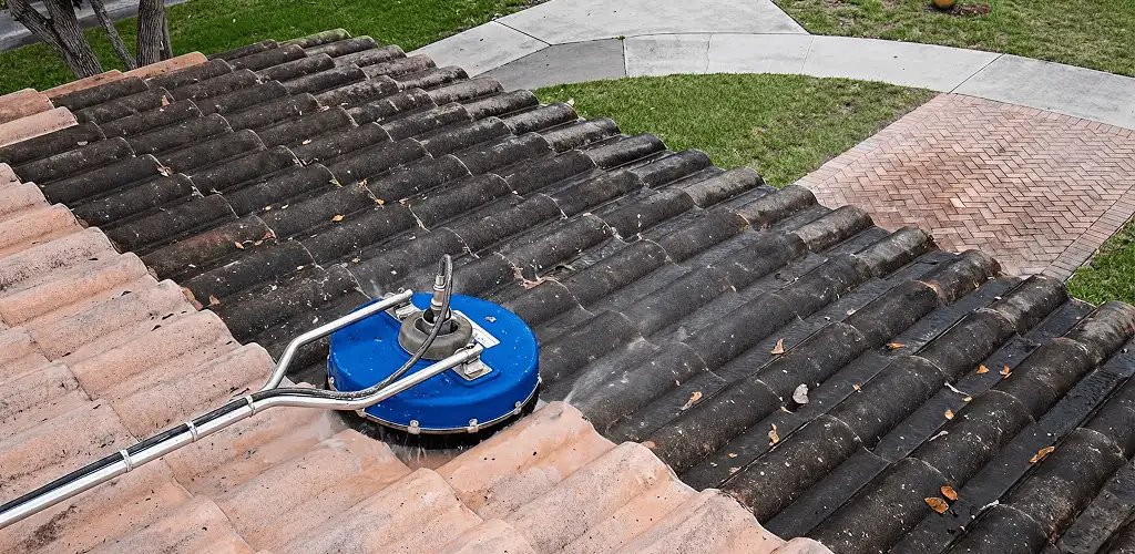Roof pressure cleaning removing debris and buildup from roof tiles in Lakeland, FL