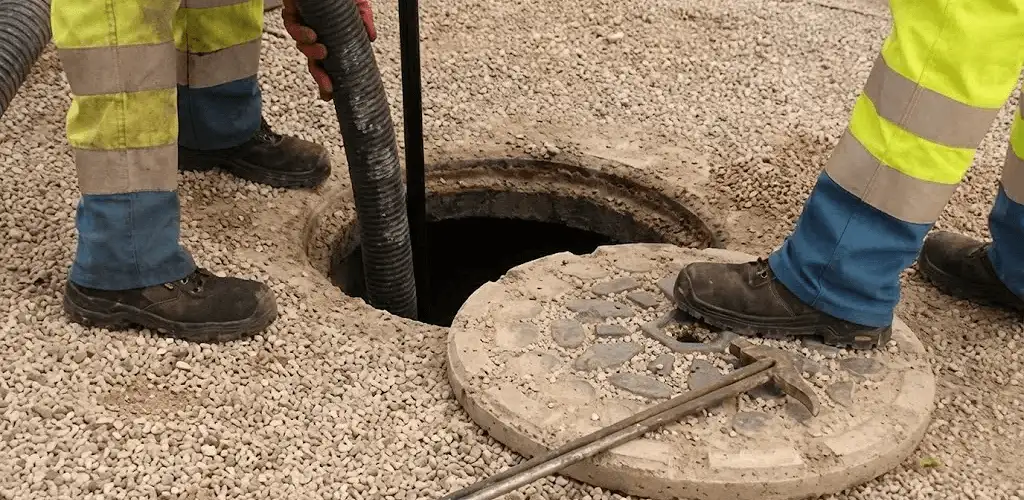 Drain cleaning crew clearing a sewer access point with professional equipment in Lakeland, FL