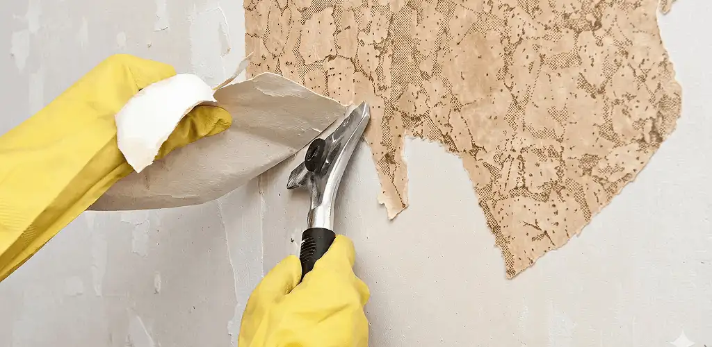 Wallpaper removal service stripping old wallpaper from a wall in Lakeland, FL