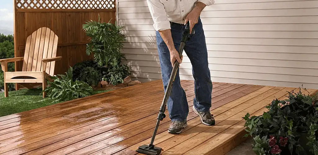 Deck staining service applying stain to a backyard wood deck in Lakeland, FL